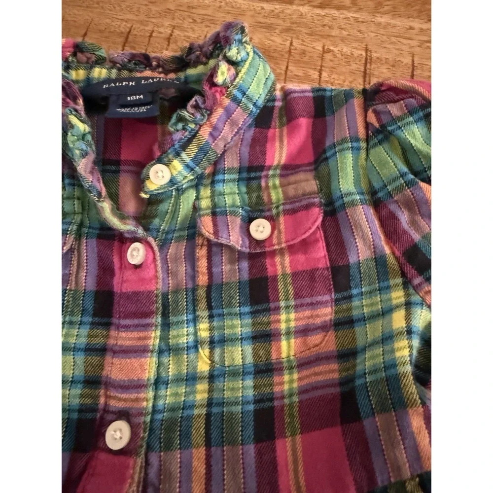 Ralph Lauren Baby Girls Plaid Dress 18M Multicolor Tiered Button Front Cotton